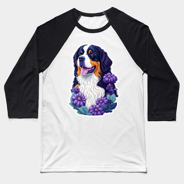 Bernese montain dog in a colorful field of flowers Baseball T-Shirt by milica_store